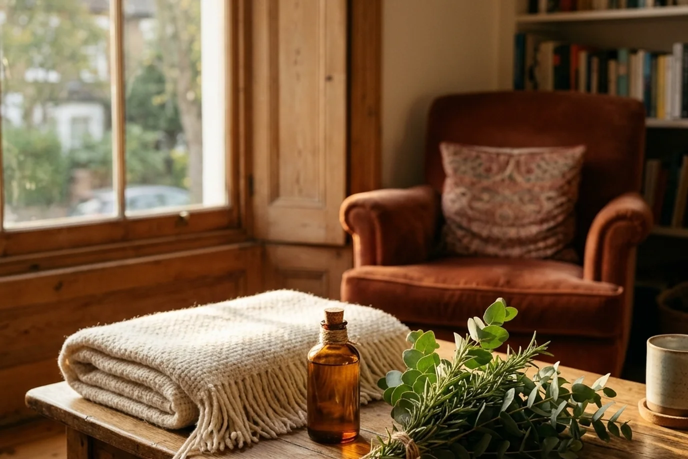 A folded wool throw and an oil bottle beside fresh eucalyptus on a table, warm afternoon light through a London window.