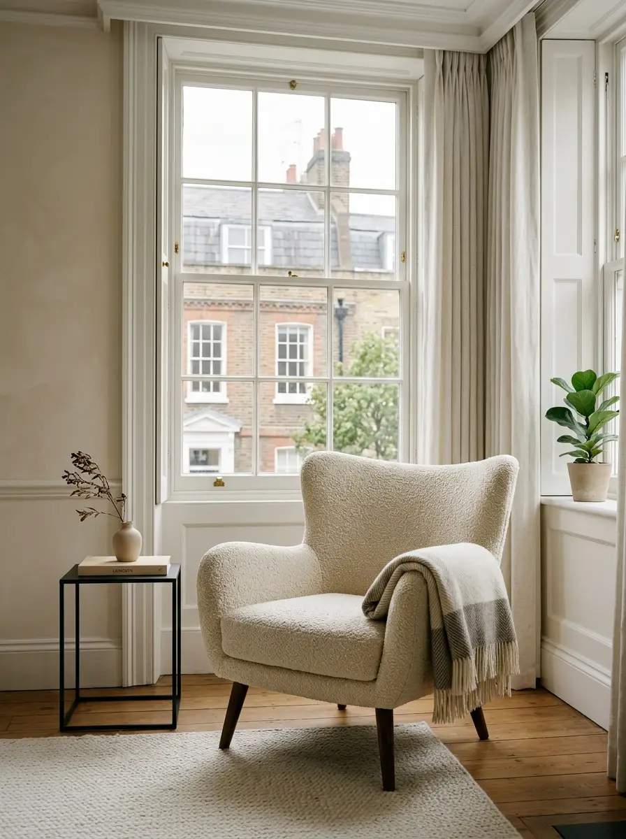 An armchair beside a tall London window with a folded wool throw, in soft daylight.