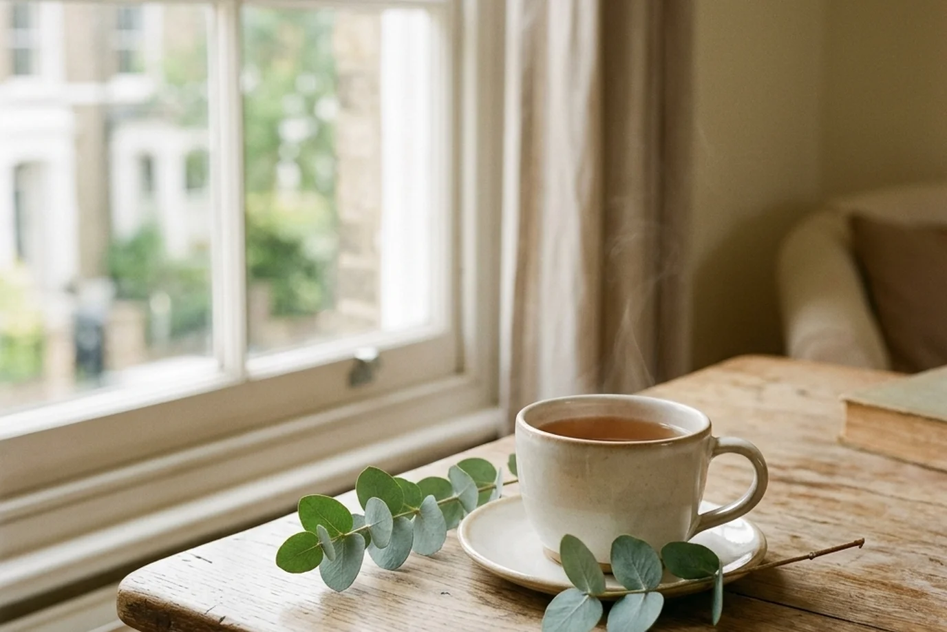 A cup of tea beside a sprig of eucalyptus on a wooden table by a window in soft afternoon light.