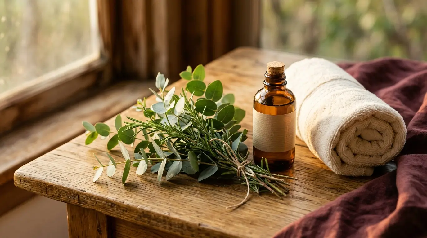 Eucalyptus and rosemary, a plain oil bottle and a rolled towel on a warm wood surface.