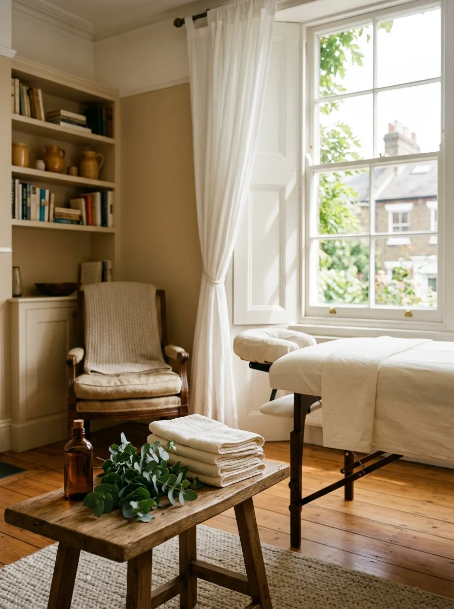 A massage table dressed in ivory linen in a bright London living room, eucalyptus and an oil bottle on a low table nearby.
