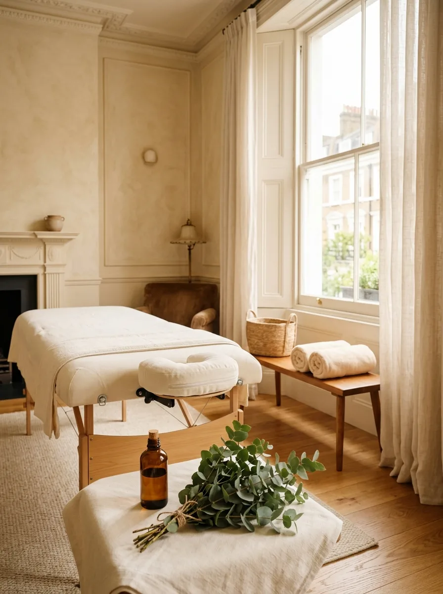 A massage table dressed in ivory linen in a sunlit hotel room, an oil bottle and eucalyptus on the table's edge.