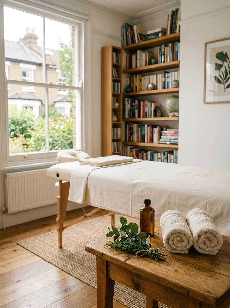 A massage table dressed in ivory linen in a bright home study, rolled towels and eucalyptus on a table nearby.