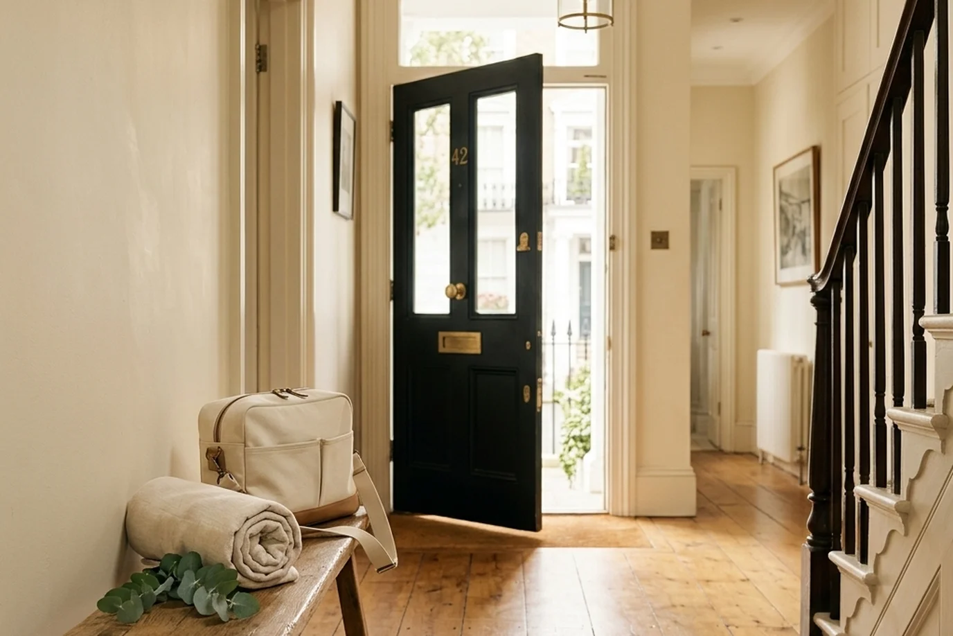 A London townhouse hallway, front door open to the street, a rolled towel and a sprig of eucalyptus set on a bench inside.