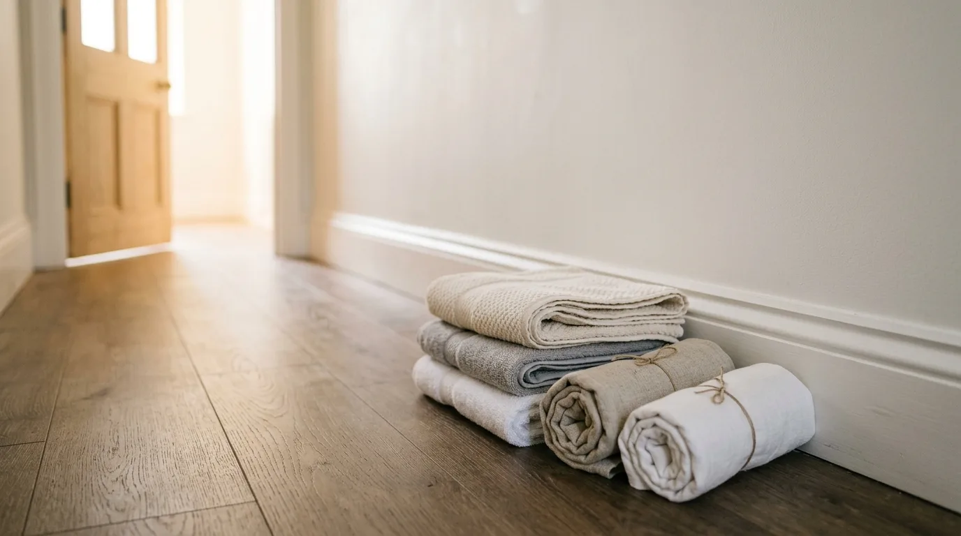 Folded towels and rolled linen set down in a quiet hallway, morning light from an open door.