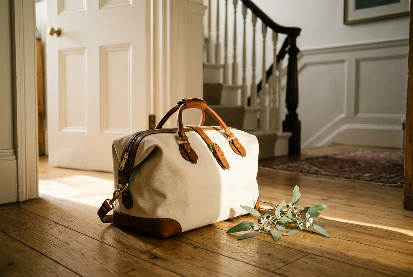 A closed canvas kit bag on a hallway floor with a sprig of eucalyptus, lit by a wedge of morning daylight.