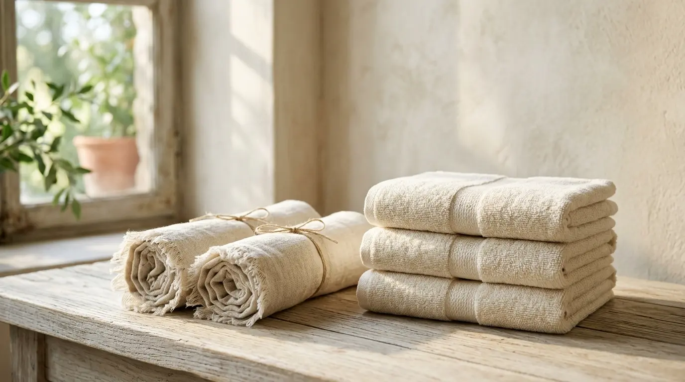 Folded towels and rolled linen on a wooden surface in soft window light.