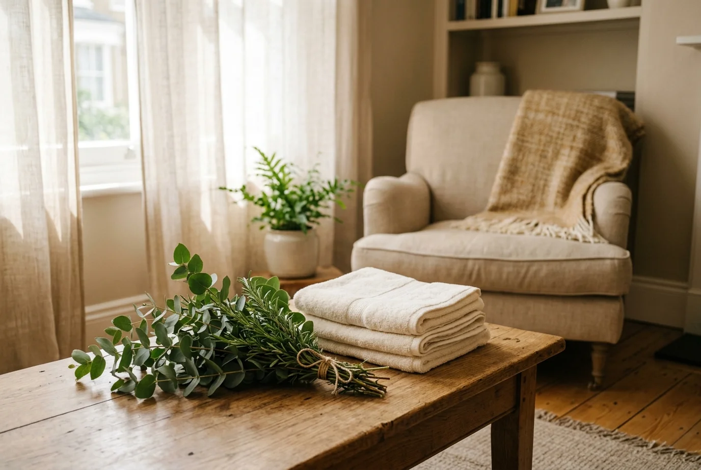 Fresh eucalyptus and rosemary with folded towels on a low table, warm sunlight through sheer curtains.