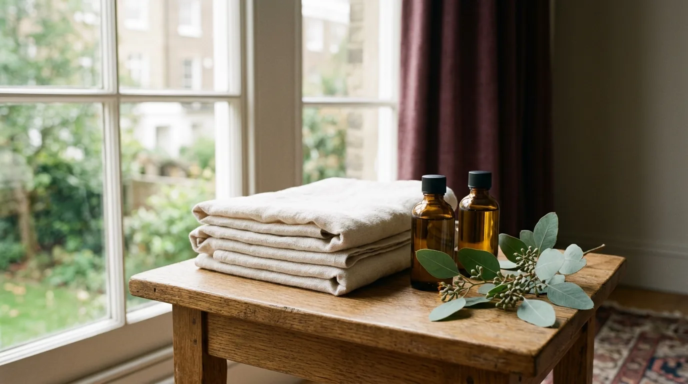 Folded linen towels, two amber bottles of massage oil and a sprig of eucalyptus on an oak side table by a window.
