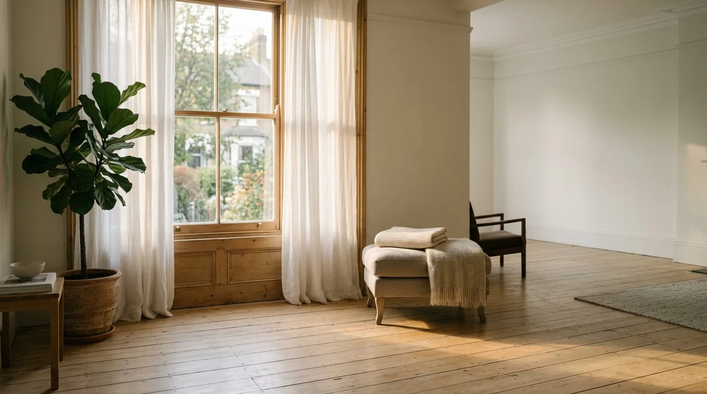 A quiet London living room at golden hour, with a folded towel and a wool throw on a footstool by a tall window.